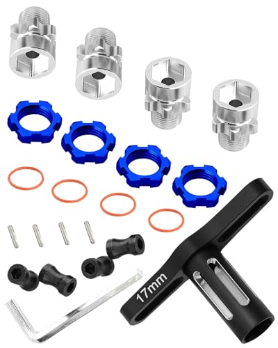 Upgrades Part for 1/10 Slash Rustler Stampede Bandit 4wd 2wd,Aluminum Hex Hub Adapters 12mm to 17mm W/10mm Offset & Splines Wheel Wrench for Model Hops Up,Black with Silver