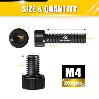 M4 x 8mm Screws 200pcs, Hex Socket Head Cap Screws Bolts,M4 x 8 Bolts 12.9 Grade Alloy Steel, Black Zinc Plated, Allen Socket Drive, Fully Threads, Machine Screws - size: M4*8mm 200pcs