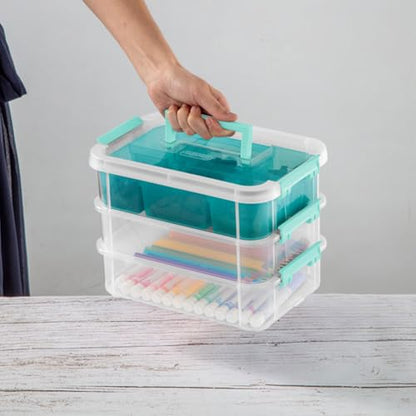 Sterilite 6 Pack Plastic Storage Box Container, 3 Layer, Stack and Carry, Clear/Blue - size: 6 Pack