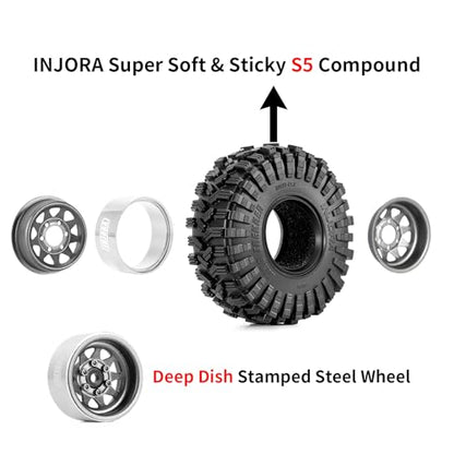 INJORA 1.0 Beadlock Wheel Tires Set -3.78mm Offset for 1/18 1/24 RC, Grey - color: Grey