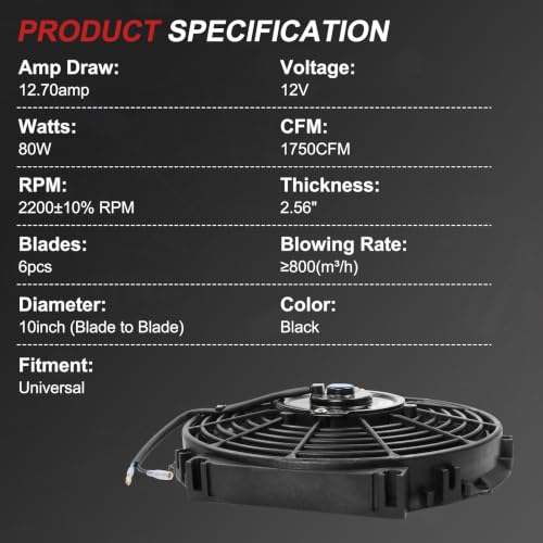 JDMSPEED New Universal Electric Radiator Slim Cooling Fan Push Pull 10" Inch 12v 80w 1750CFM - color: Black, size: 10 Inch