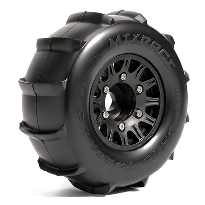 Pre-Glued Sand & Snow Paddle Wheel & Tire Set for 1/10 RC Truck Fits Slash, Arrma Fury/Senton, Tekno SCT410, HSP 94155, 117 x 45.5 mm, 12/14/17 mm Hex, 4 pcs, Black - color: Black