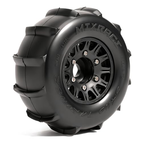 Pre-Glued Sand & Snow Paddle Wheel & Tire Set for 1/10 RC Truck Fits Slash, Arrma Fury/Senton, Tekno SCT410, HSP 94155, 117 x 45.5 mm, 12/14/17 mm Hex, 4 pcs, Black - color: Black