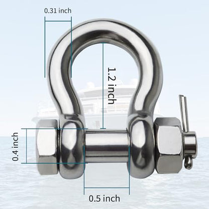 Stainless Steel D Ring Shackles 1/4" 5/16" 3/8" 1/2 inch 316 SS Heavy Duty Boat Anchor Shackle Marine Grade Bow Shackles with Cotter Pins - style: 5/16 inch 4 Pack(Bolt diameter 3/8 inch)