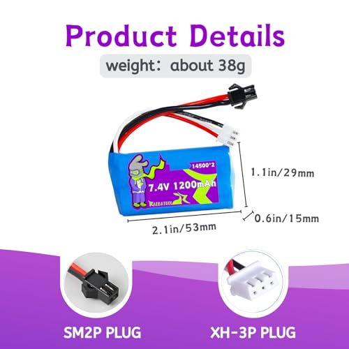 7.4V 1200mAh SM2P/Mini Tamiya 15C Battery for SYMA Q14 RC Boat,Airsoft Gun Water Ball Gun,for WPL C24 Crawler RC Car, C24-1 Off-Road Truck, LC80 Vehicle, FJ40 Climbing Car with Charger