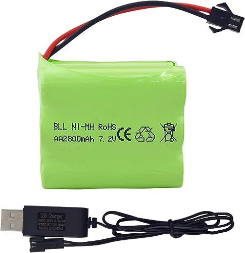 1PCS 7.2V 2800mAh Ni-MH High Capacity Battery with SM-2P Plug and USB Charging Cable for Toy Tank Engineering, Flat Semi-Trailer Trucks, RC Cars Spare Batteries Pack