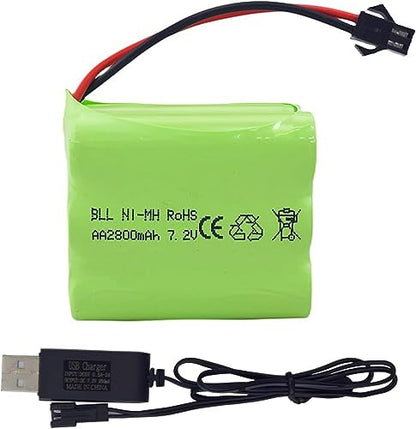 1PCS 7.2V 2800mAh Ni-MH High Capacity Battery with SM-2P Plug and USB Charging Cable for Toy Tank Engineering, Flat Semi-Trailer Trucks, RC Cars Spare Batteries Pack
