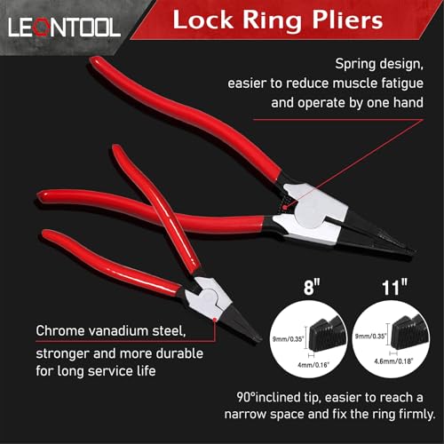 2 PCS Heavy Duty Lock Ring Pliers Set Flat Snap Ring Plier Special Circlip Pliers Reverse Retaining Ring Plier for Transmission Transfer Cases Ring Opening - size: 8" & 11"