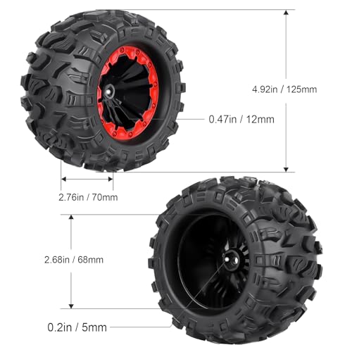 HobbyPark PreGlued 12mm Hex RC Truck Wheels and Tires Set Complete for 1/10 Traxxas Hoss 4x4 Stampede 2wd VXL Redcat Volcano EPX Pro 2s 3s 4s Lipo Brushless Systems