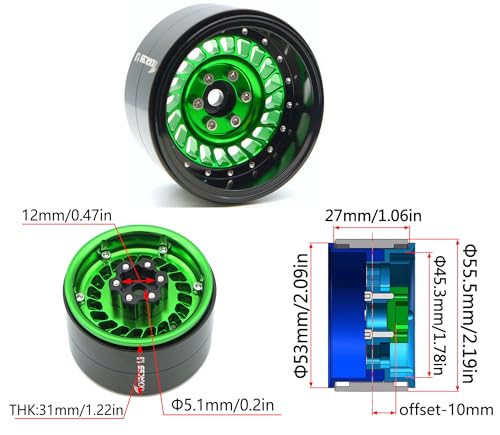 Super Heavy Rc 1.9 Beadlock Wheels Offsets -10mm Rims for 1/10 RC Crawler (Green) XX - color: Green