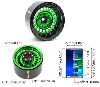 Super Heavy Rc 1.9 Beadlock Wheels Offsets -10mm Rims for 1/10 RC Crawler (Green) XX - color: Green