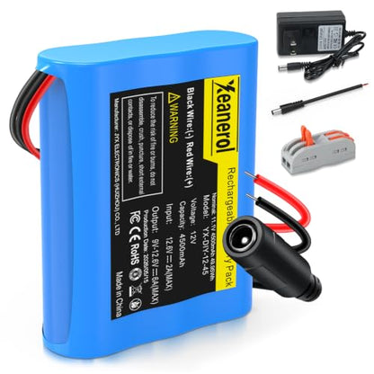 11.1V- 12V 4500mAh Rechargeable Li-ion Battery Pack with Charger, Bare Leads Wire Replacement Lithium Battery Compatible with 12 Volt Devices RC Car, Boat, Robot, DIY, LED Light Strip, CCTV Camera