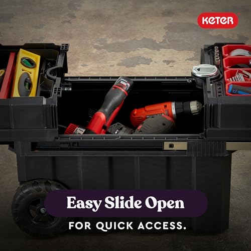 Keter Masterloader Resin Rolling Tool Box with Locking System and Removable Bins – Perfect Organization and Storage Chest for Power Drill, Tape Measure, and Screwdriver Set, Black | Black, Heavy Duty, Weatherproof, All Terrain Wheels, Durable, Easy Slide