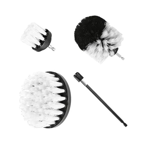 4PCS Drill Brush Attachment Kit with Extension Rod, White | PP bristles with steel shafts, three brush sizes, quick-change extension rod, follows curved surfaces, compact storage - color: White
