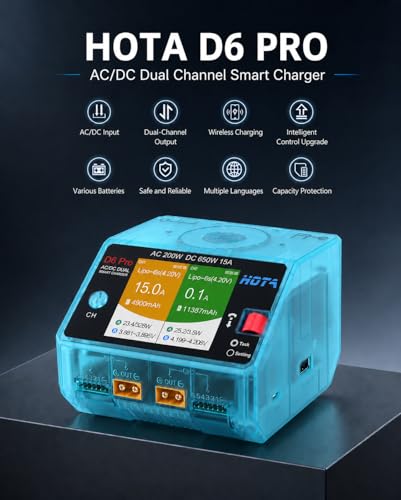 HOTA D6 Pro Lipo Battery Charger,Dual Channel 15A AC200W DC650W Smart Balance Charger with Wireless Charging Panel USB Output for 1-6S LiPo LiHV NiMH Pb Batteries RC Car Boat FPV (Transparent Blue) - color: Transparent Blue