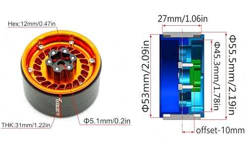Super Heavy Rc 1.9 Beadlock Wheels Offsets -10mm Rims for 1/10 RC Crawler (Orange Black) XX - color: Orange Black