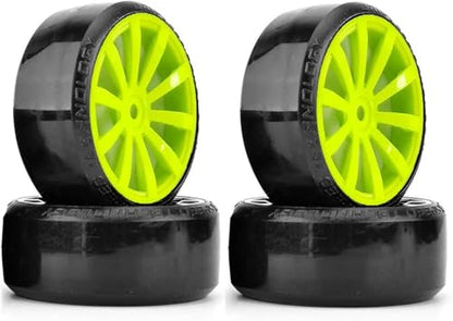 Hard Plastic 63mm Drift Car Tyres 12mm Wheels for 1/10th Scale HSP Tamiya HPI Kyosho TT02 Road Drift Car Hard Tyre Replacement, Set of 4 (Green) - color: Green