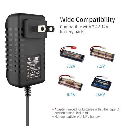7.2V-9.6V / 8.4V NiMH Battery Charger for RC Cars – Universal | Compatible with Redcat Racing, Hexfly, and standard Tamiya plug packs. Charges 2.4V-12V NiMH/NiCD batteries safely.