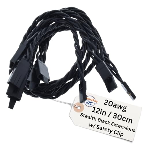 30CM / 12in 20awg Twisted Servo Extension Cable w/Safety Clip - All Black/Stealth Series - 100 Strands for RC Planes, Drones, Trucks, E-Bikes - 11 Lengths / 5 Wires Per Pack - style: 30CM / 12in