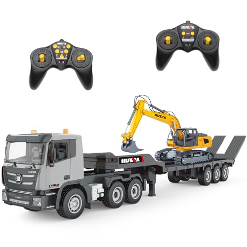 Fistone RC Semi Truck & Excavator Set, 2.4Ghz Remote Control Toys, 1:24 RC Semi-Trailer Engineering Tractor With Sound and Lights, Construction Vehicles for Boys - color: Gray
