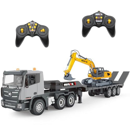 Fistone RC Semi Truck & Excavator Set, 2.4Ghz Remote Control Toys, 1:24 RC Semi-Trailer Engineering Tractor With Sound and Lights, Construction Vehicles for Boys - color: Gray