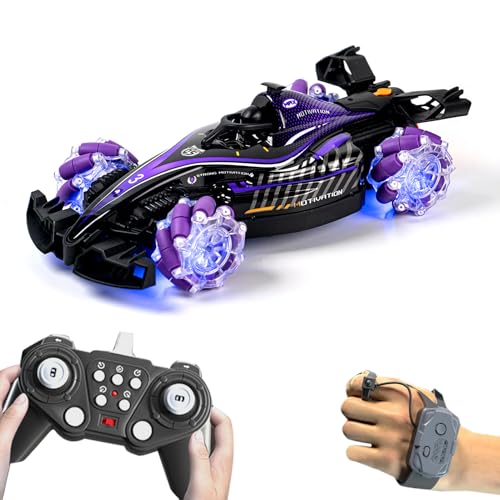 RC Stunt Car, Gesture Sensing Remote Control Car with Sound Lights and Spray, 2.4GHz 4WD 360° Rotating RC Cars for Teens (Purple) - color: Purple, size: 1 Battery
