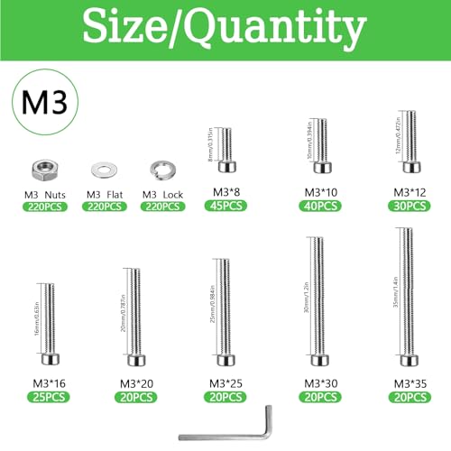 880Pcs M3 Screws Assortment, Hex Socket Head Cap Screw Bolts Nuts Washer Kit, Stainless Steel,8-Sizes M3x8/10/12/16/20/25/30/35mm Screws for 3D Printer DIY - size: M3x8/10/12/16/20/25/30/35-880Pcs
