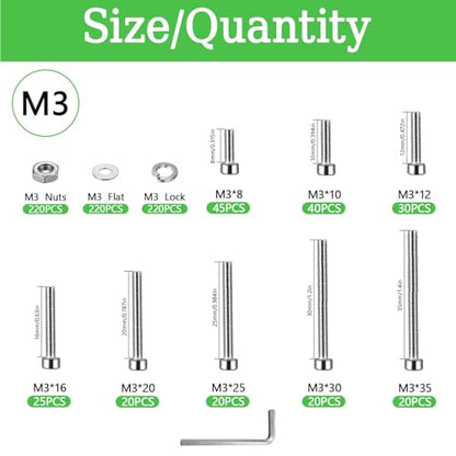 880Pcs M3 Screws Assortment, Hex Socket Head Cap Screw Bolts Nuts Washer Kit, Stainless Steel,8-Sizes M3x8/10/12/16/20/25/30/35mm Screws for 3D Printer DIY - size: M3x8/10/12/16/20/25/30/35-880Pcs