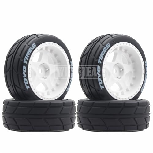 4PCS RC 1/10 On-Road Tires 65mm RC Rubber Tires w/Plastic Wheel Rim 12mm Hex Fit for 1/10 RC On-Road Rally Car HPI Tamiya TT01 TT02 Kyosho Wltoys 144001 - color: White 7