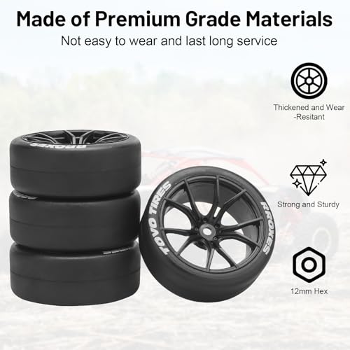1/10 RC Drift Tires and Wheels, daitoku 12mm Hex Racing Truck Tires and Plastic Wheels Rims for Tamiya Traxxas HPI KYOSHO XV02 XV01 TT01 TT02 PTG2 A959 - Style A (Black) - color: Black