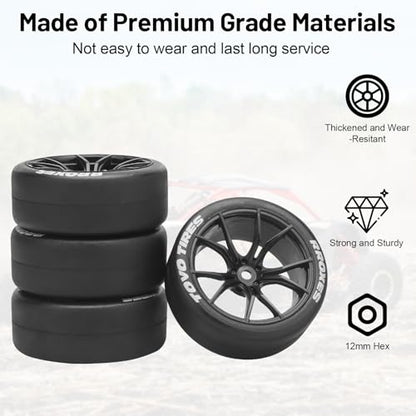 1/10 RC Drift Tires and Wheels, daitoku 12mm Hex Racing Truck Tires and Plastic Wheels Rims for Tamiya Traxxas HPI KYOSHO XV02 XV01 TT01 TT02 PTG2 A959 - Style A (Black) - color: Black