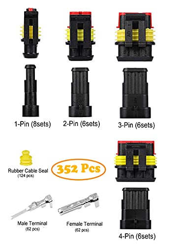 352pcs 1/2/3/4 Pin Connector Automotive Waterproof Connector with Crimper | Twippo 22-16 AWG 1/2/3/4 Wire Male and Female Electrical Wire Connectors Plug Terminal Kit with Ratchet Crimping Tool(26set) - color: 352pcs With Crimper