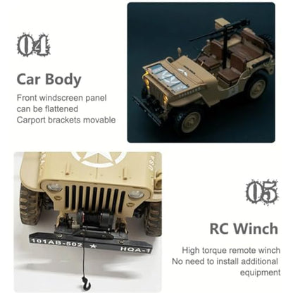 HG4-58 RC Off-Road Truck, 1/14 Scale All Terrain Dual-Speed 4WD Crawler with Sound & Lights, RTR Willys Military RC Truck Car for Hobby Enthusiasts - color: Desert Yellow