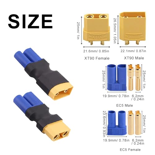 EC5 to XT90 Adapter,XT90 to EC5 Connector Without Wires RC LiPo Battery Connectors (EC5 to XT90 Male & Female Adapter)
