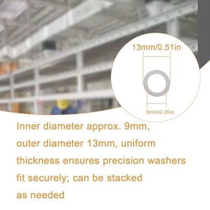 48 Pcs M9x13mm Steel Thin Washer Assortment for M9 Bolt Spacing Repair | 0.1 0.2 0.3 0.5mm Thickness, 12pcs Each Size, Stainless Flat Spacers, Mechanical Repair, Electronics Assembly - size: M9X13