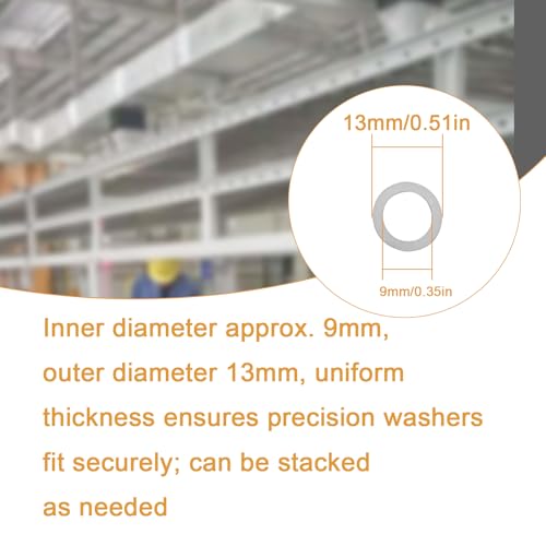 48 Pcs M9x13mm Steel Thin Washer Assortment for M9 Bolt Spacing Repair | 0.1 0.2 0.3 0.5mm Thickness, 12pcs Each Size, Stainless Flat Spacers, Mechanical Repair, Electronics Assembly - size: M9X13
