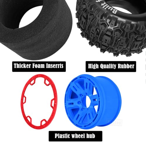 RC Wheels and Tires Set(4PCS) for 1/8 1/10 Monster Truck Tires,1/8 Traxx as/Arrm a 6S/Summi t/ERveo/Redc at/HPI JLB Cheetah RC Off-Road etc,17mm Hex Tire and Wheels/Plastic Rims,Red and Blue - color: Red and Navy Blue-(wheels Tires)