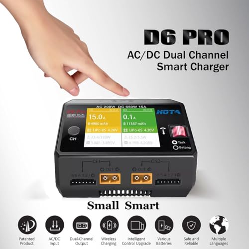 HOTA D6 Pro Lipo Battery Charger AC200W DC650W 15A Dual Channel Smart Charger Quad Multi-Functions Charging for Nicd LiHv NiMH Lipo Battery RC Drone RC Car Parts
