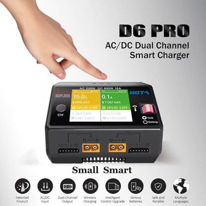 HOTA D6 Pro Lipo Battery Charger AC200W DC650W 15A Dual Channel Smart Charger Quad Multi-Functions Charging for Nicd LiHv NiMH Lipo Battery RC Drone RC Car Parts