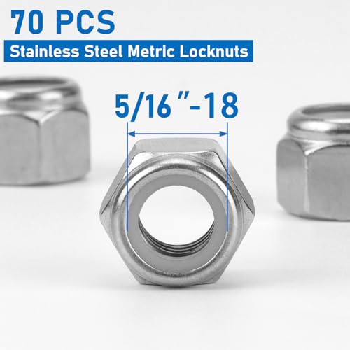 70 Pack 304 A2-70 5/16"-18 Nylon Lock Nuts | 70 Pack 304 A2-70 Stainless Steel 5/16"-18 Nylock Nuts, Anti-Loose, for Medium Duty Industrial & Home Fastening - color: Silver, size: 5/16"-18