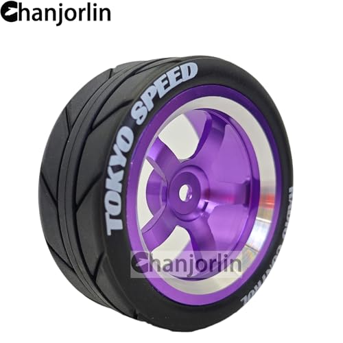 1/10 On Road Racing Tires And 5-Spoke Aluminum Wheels 12mm Hex OD 2.56" RC Touring Tyres For 1:10 Rally Street Drift Car Tamiya TT01 TT02 XV01 A959 PTG2 KYOSHO HSP Traxxas 4PCS (Purple) - color: Purple