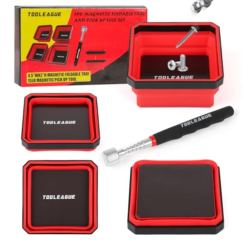 TOOLEAGUE 4Pcs Collapsible Magnetic Parts Tray Set with 15Lb Magnetic Pickup Pen,4.5" Square Silicone Foldable Tool for Organizing Screw Bolts Nuts Washers Pins and Other Small Metal Parts - size: 4pcs