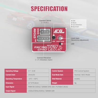 AGFRC 4g AVCS Gyro for RC Mini-Z Drift Car (GY04M V3.5 Red) | 3.7-8.4V, 20mA, AVCS & Normal Dual Modes, 32-bit PID Control, for Mini-Z 1/27-1/28, 21×15×8.8mm - color: Red