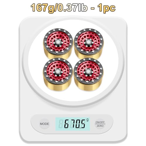 OGRC Brass Aluminum 1.9 Beadlock Wheels 167g 1/10 RC Crawler Wheels | 668g Total Weights, 12mm Hex, for Gen7 Gen8 D90 VS4-10 1/10 RC Carwler, Red - color: Red