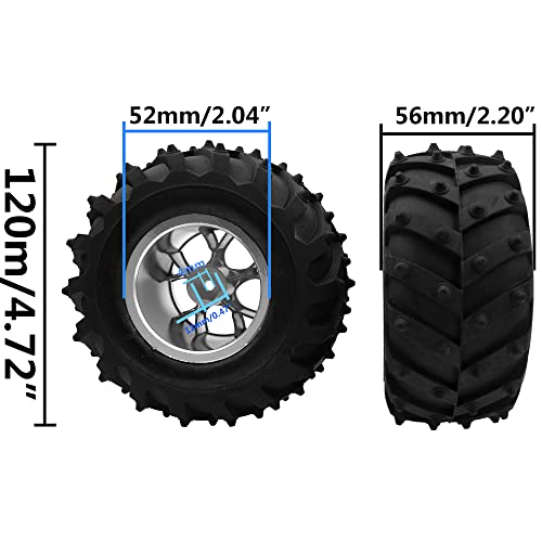 4.72''OD Rubber Tires & Wheel Rim 12mm Hex Hub Compatible with RedCat Volcano Traxxas Rustler HPI HSP Tamiya Exceed Himoto 1/10 Off-Road Monster Truck,120mmx56mm (Silver) - color: Silver