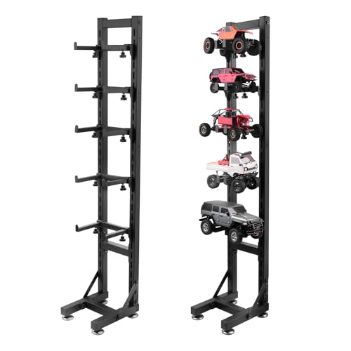 Multilayer Storage Rack Shelf Display Stand for RC Model Cars | Quick assembly, multi-scale fits for 1/10-1/24 TRX4 SCX10 TRX4M SCX24, expandable side holes for hanging RC tools - size: 7.87" x 9.45" x 45.8"