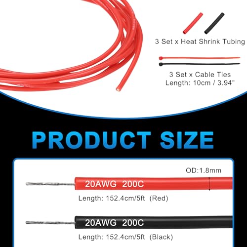 MECCANIXITY 20 Gauge Silicone Electrical Wire Cables, 20 AWG 5ft Black and 5ft Red Electrical Wires High Temp 600V 200C Flexible Stranded Tinned Copper Wires Automotive Cable with Accessories - size: 20 Gauge 2m/5ft