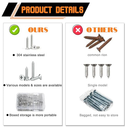Dianrui 200 PCS 304 Stainless Steel Screws, #8 Wood Screws Assortment Kit, Phillips Drive Sheet Metal Screw Set Marine Grade Length 1/2" to 2" - size: 200PCS-SV