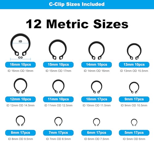324Pcs C Clips & E Clips Assortment Kit, External Retaining Snap Rings | 24 sizes black carbon steel, C Clip 5mm–16mm, E Clip 2mm–12mm, for shafts, bearings, machinery & automotive repair