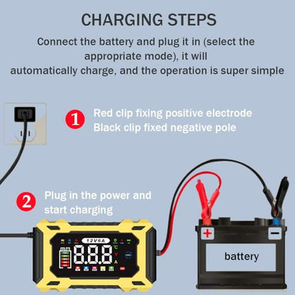 6-Amp 12V Smart Car Battery Charger, Battery Maintainer Trickle Charger with Desulfator, Pulse Repair & Overcharge Protection - for Car Lawn Mower Marine Lead-Acid Batteries (Yellow) - color: Yellow